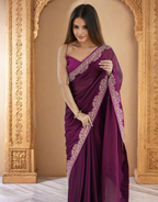 Lorenvalley Fashion Wine Rangoli Silk with Coding Lace Work Saree with Blouse | Grocsy