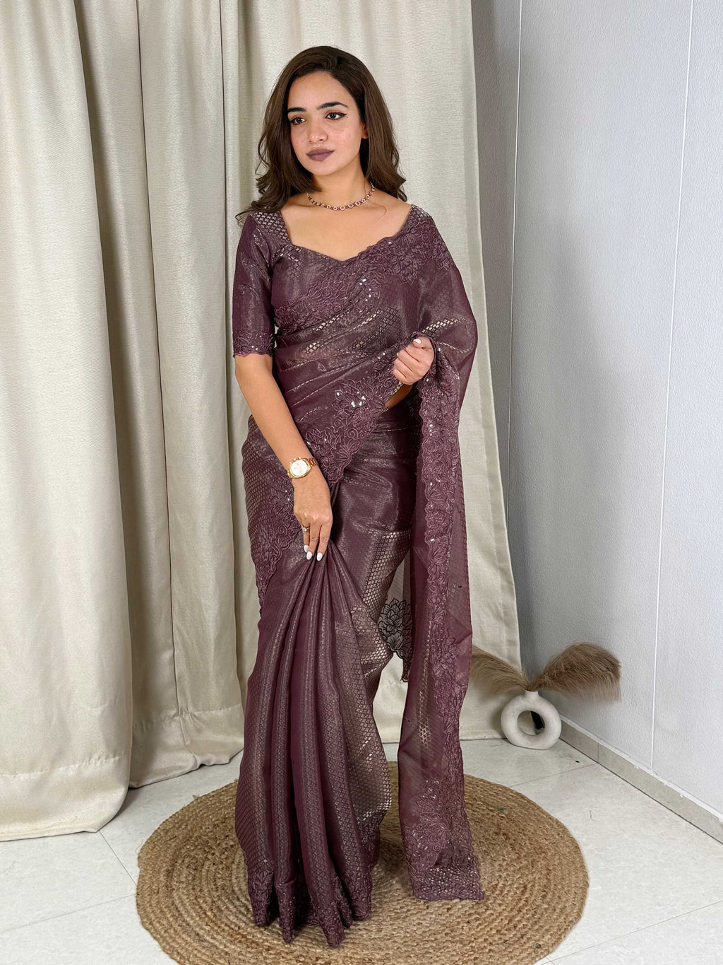 Evanik Wine Glass Satin Jecquard Weaving With Thread Sequence Work Saree With Blouse | Grocsy