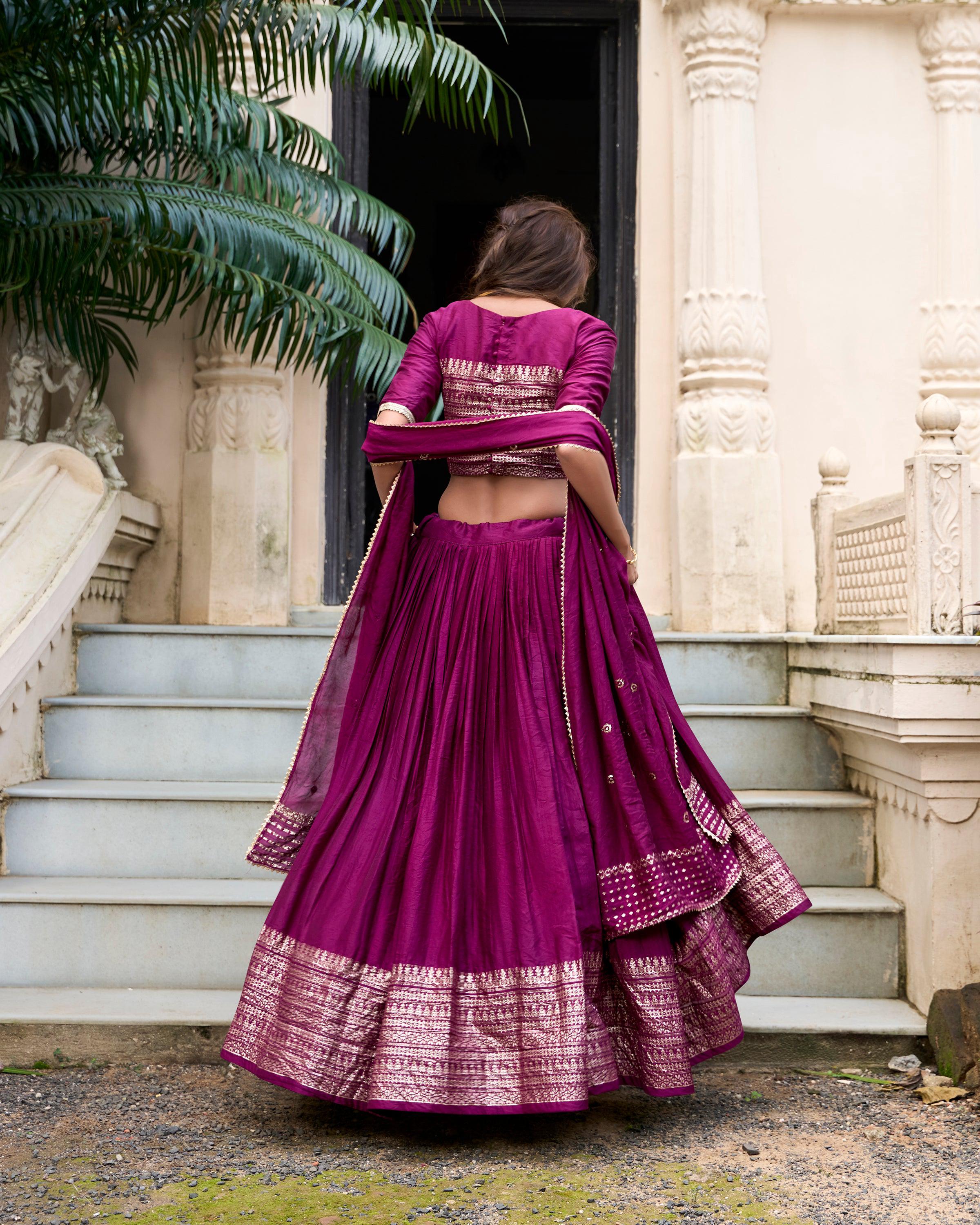 Evanik Women Pure Chanderi Plain With Zari Weaving Work Border Stitched Lehenga With Unstitched Blouse Dupatta(Up to 42) | Grocsy