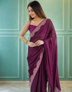 Lorenvalley Fashion Wine Rangoli Silk with Coding Lace Work Saree with Blouse | Grocsy