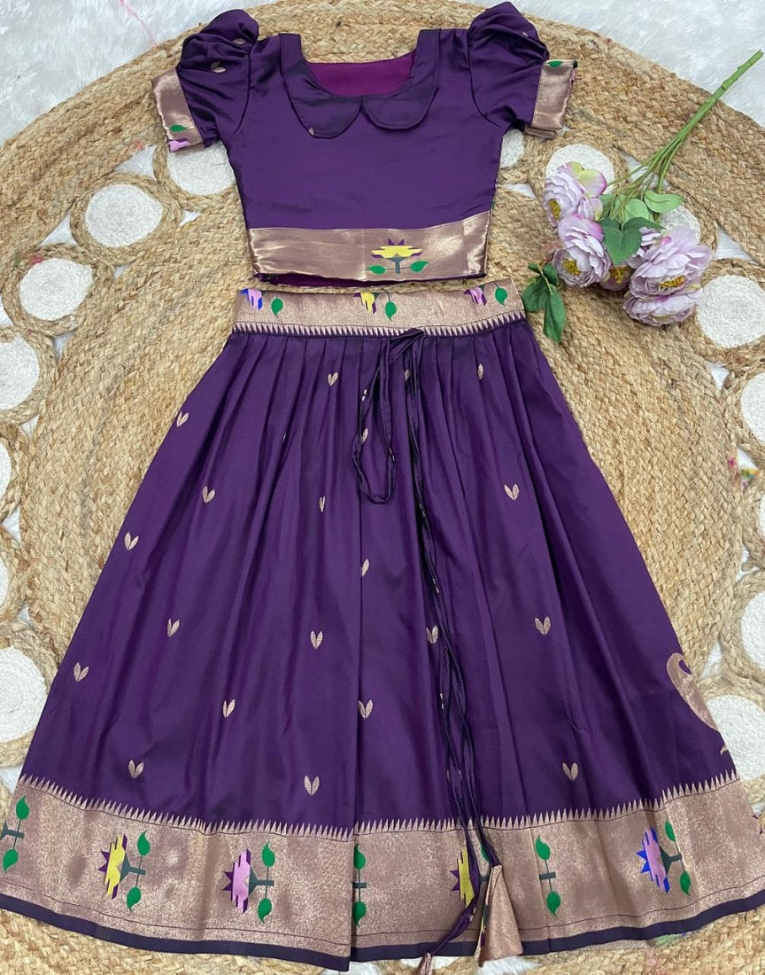 Evanik Purple Soft Silk Paithani Design Zari Weaving Pavadai Lehenga Choli For Kids | Grocsy