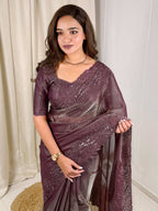 Evanik Wine Glass Satin Jecquard Weaving With Thread Sequence Work Saree With Blouse | Grocsy