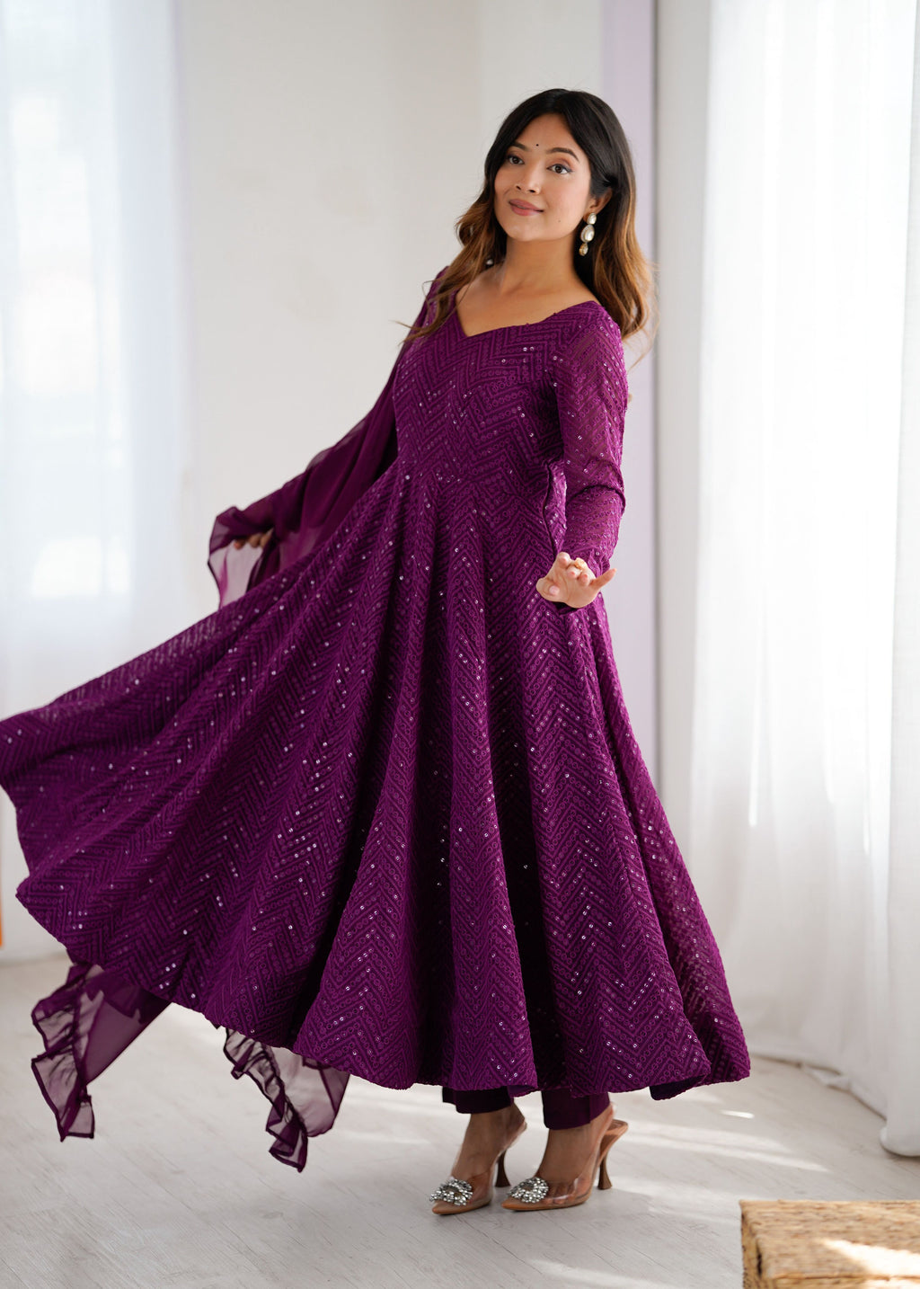 Evanik Wine Heavy Faux Georgette With Lucknowi Work Anarkali Suit | Grocsy