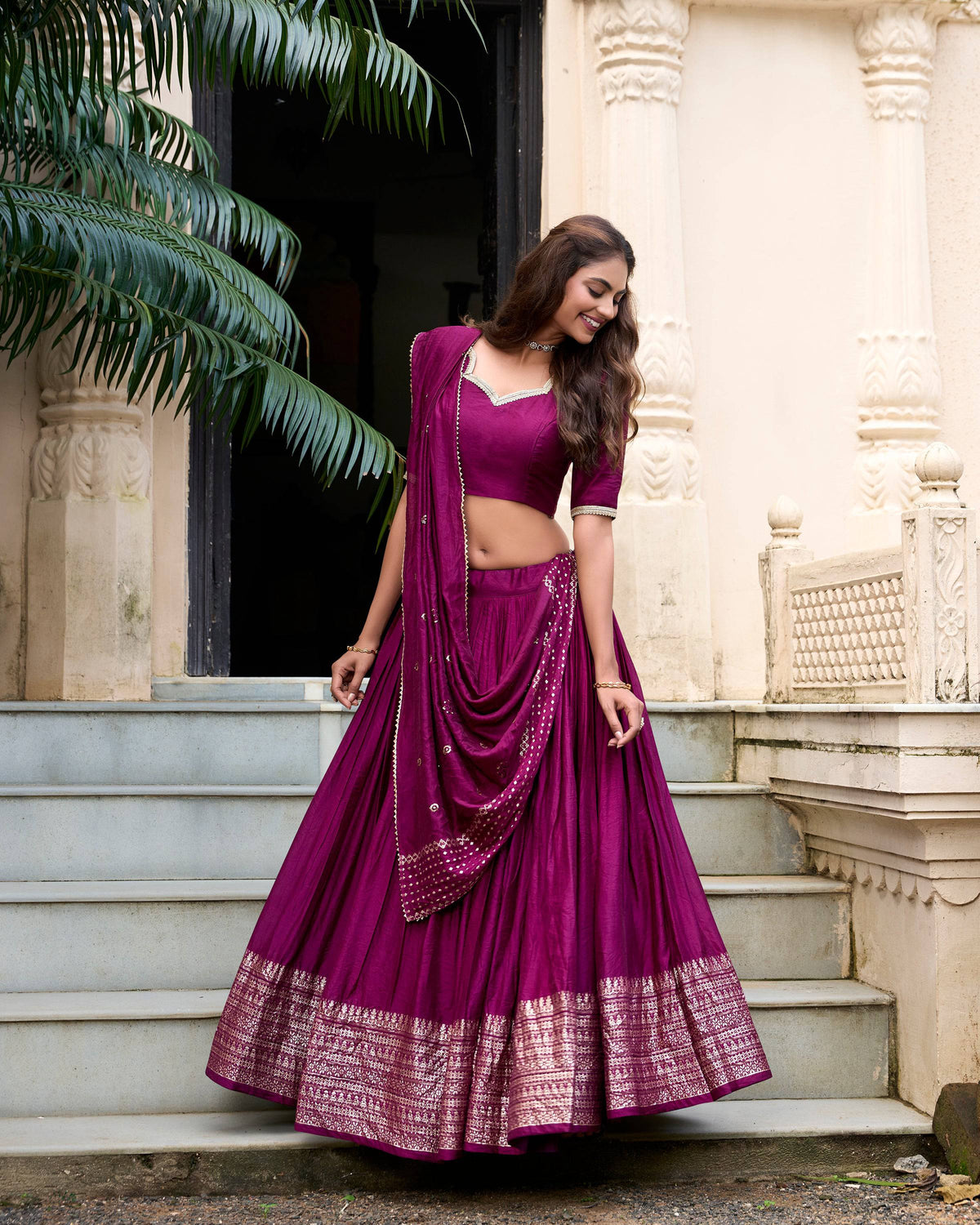 Evanik Women Pure Chanderi Plain With Zari Weaving Work Border Stitched Lehenga With Unstitched Blouse Dupatta(Up to 42) | Grocsy