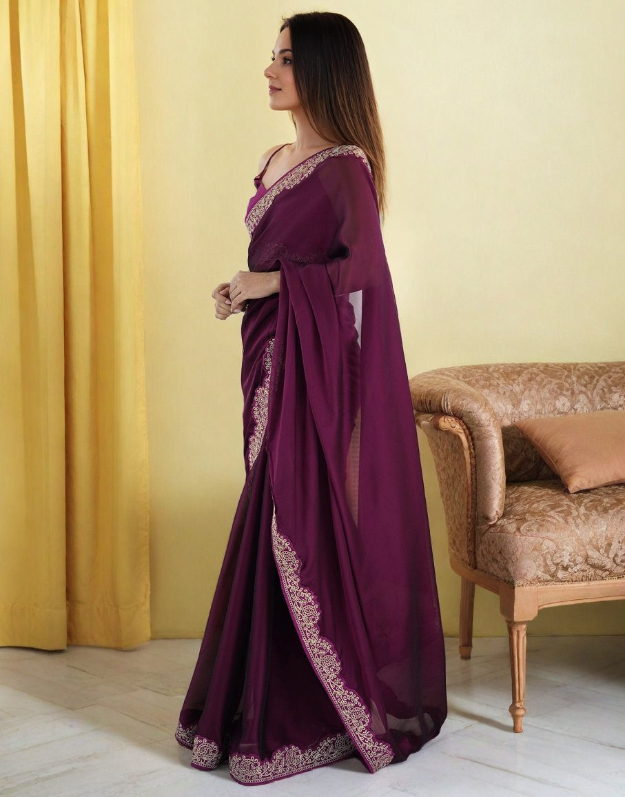 Lorenvalley Fashion Wine Rangoli Silk with Coding Lace Work Saree with Blouse | Grocsy