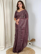 Evanik Wine Glass Satin Jecquard Weaving With Thread Sequence Work Saree With Blouse | Grocsy