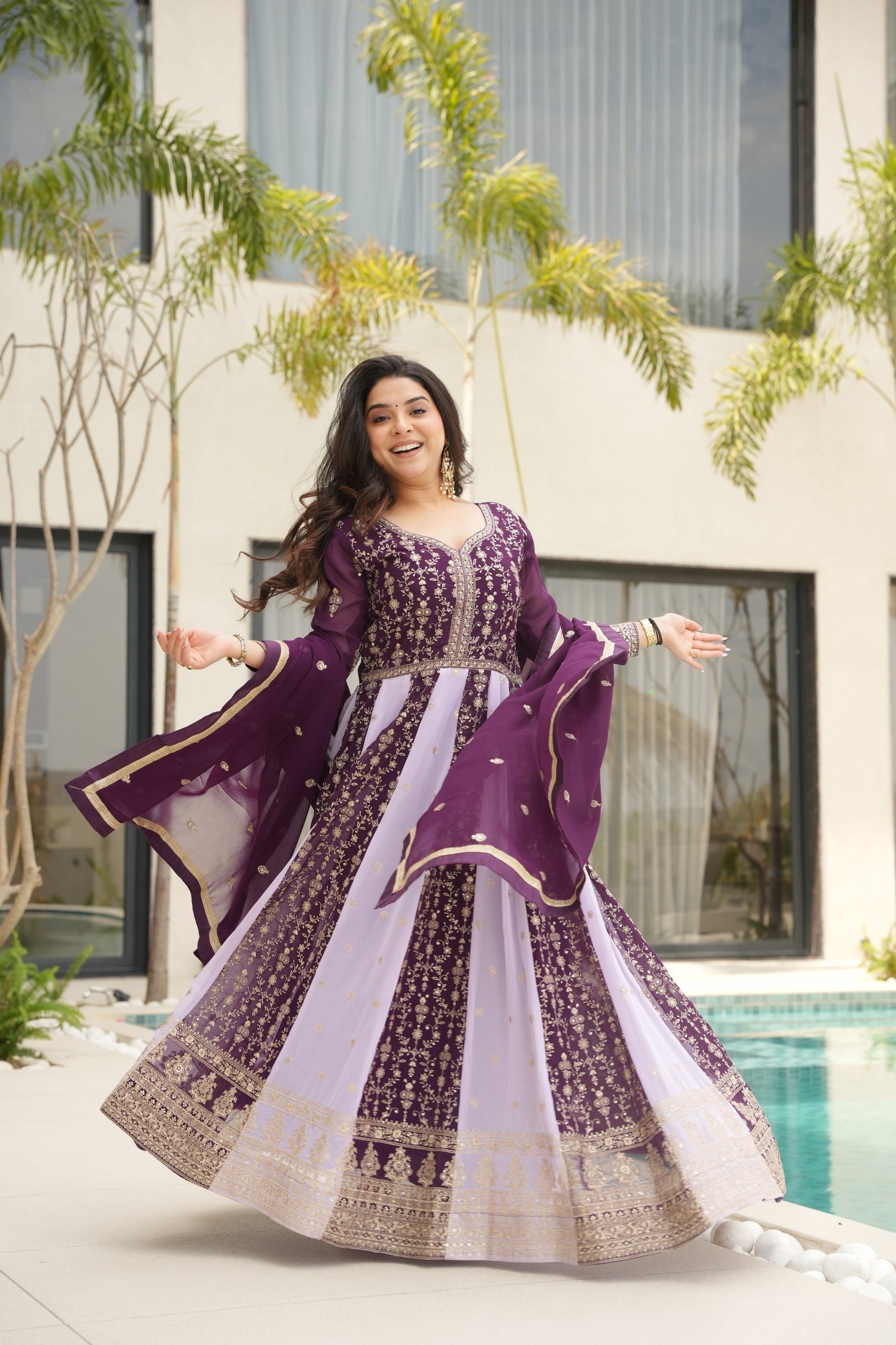 Evanik Wine Faux Georgette With Zari & Sequins Embroidered work Wedding Gown | Grocsy