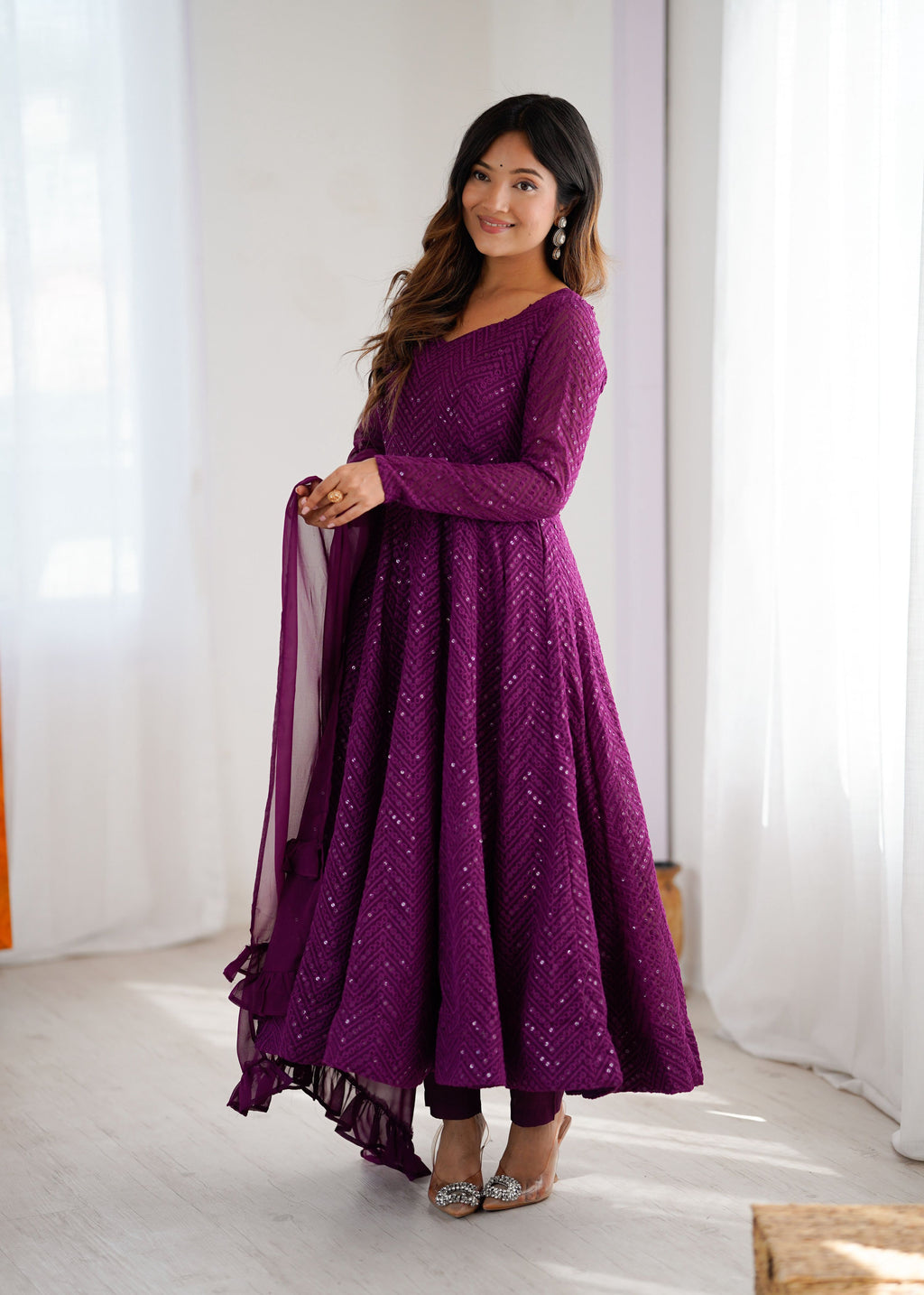 Evanik Wine Heavy Faux Georgette With Lucknowi Work Anarkali Suit | Grocsy