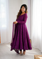 Evanik Wine Heavy Faux Georgette With Lucknowi Work Anarkali Suit | Grocsy