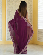 Lorenvalley Fashion Wine Rangoli Silk with Coding Lace Work Saree with Blouse | Grocsy
