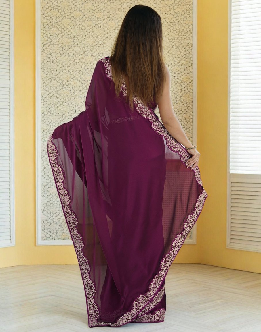 Lorenvalley Fashion Wine Rangoli Silk with Coding Lace Work Saree with Blouse | Grocsy