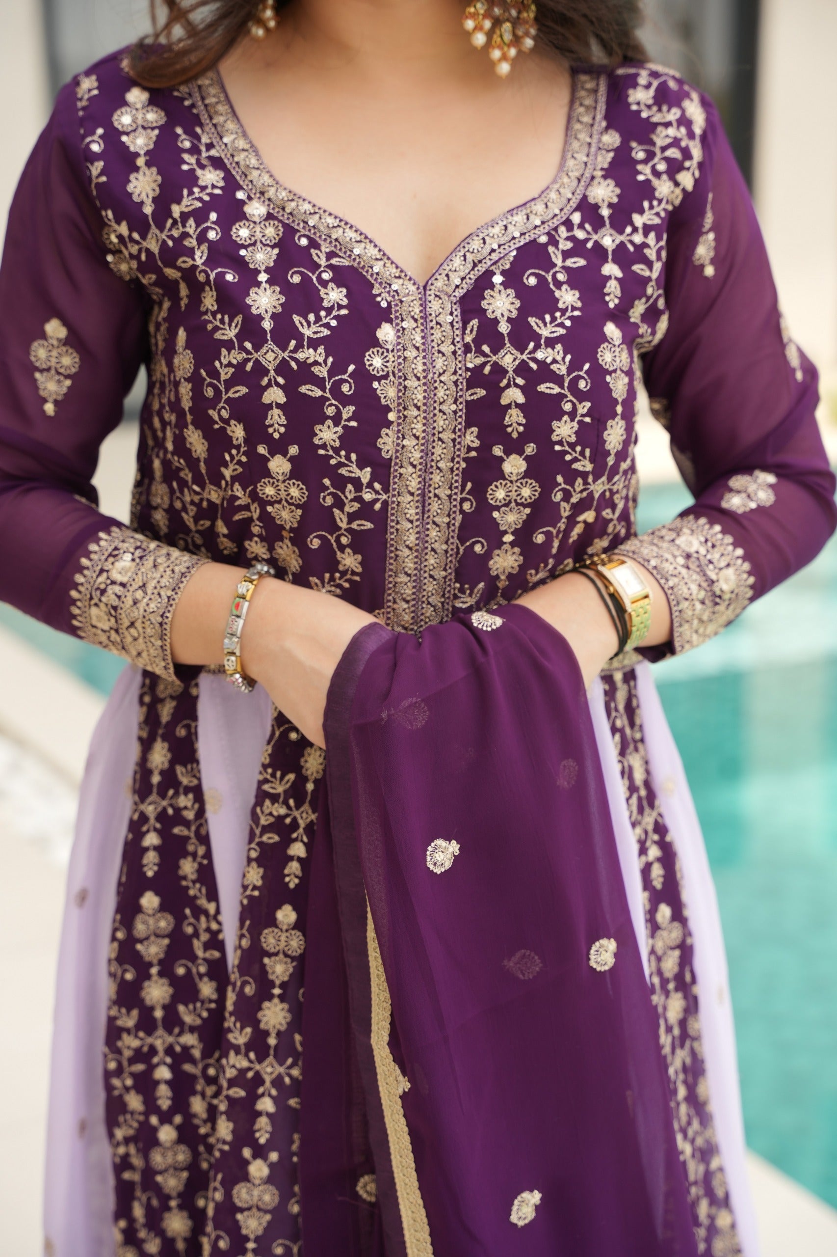 Evanik Wine Faux Georgette With Zari & Sequins Embroidered work Wedding Gown | Grocsy