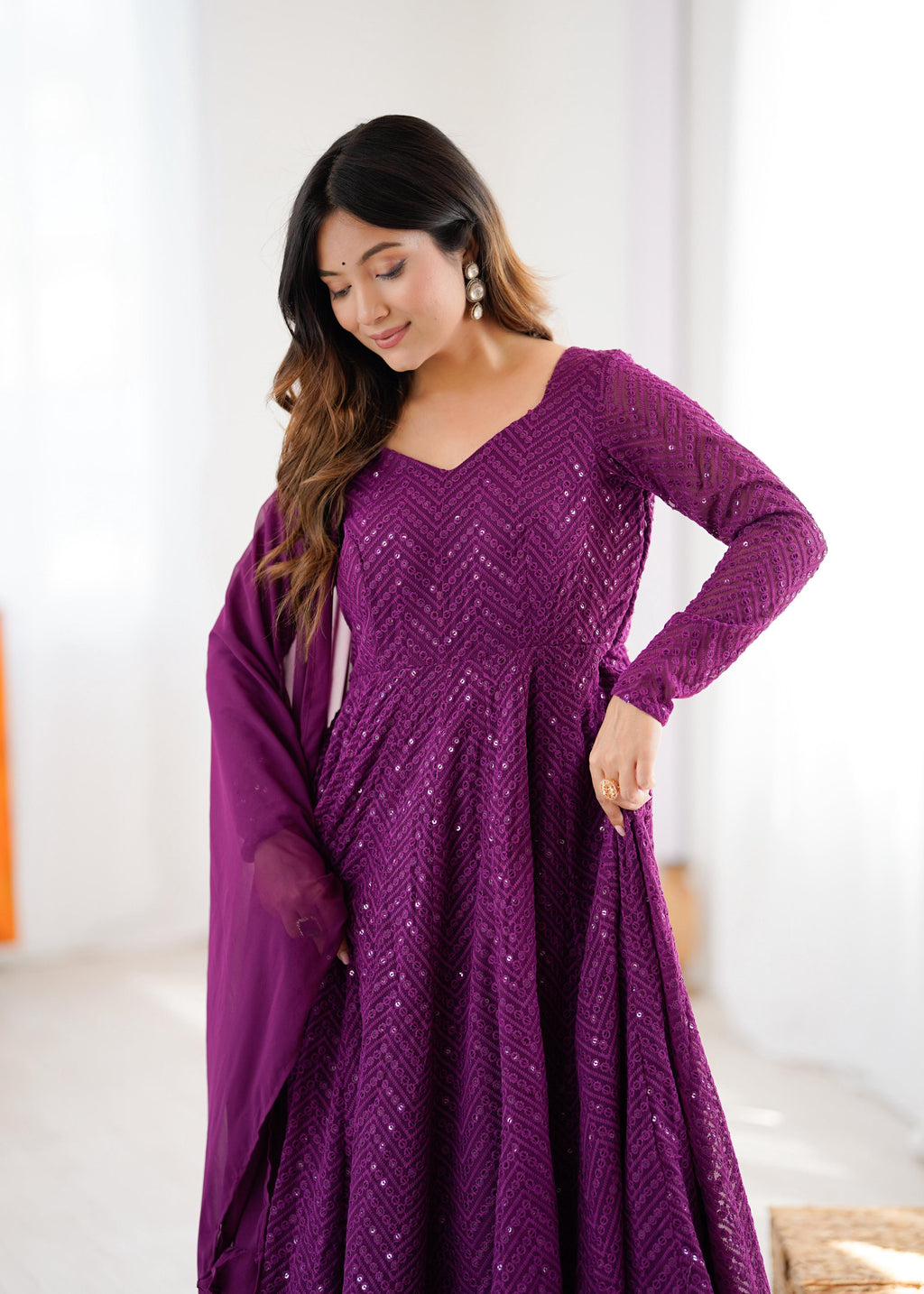Evanik Wine Heavy Faux Georgette With Lucknowi Work Anarkali Suit | Grocsy