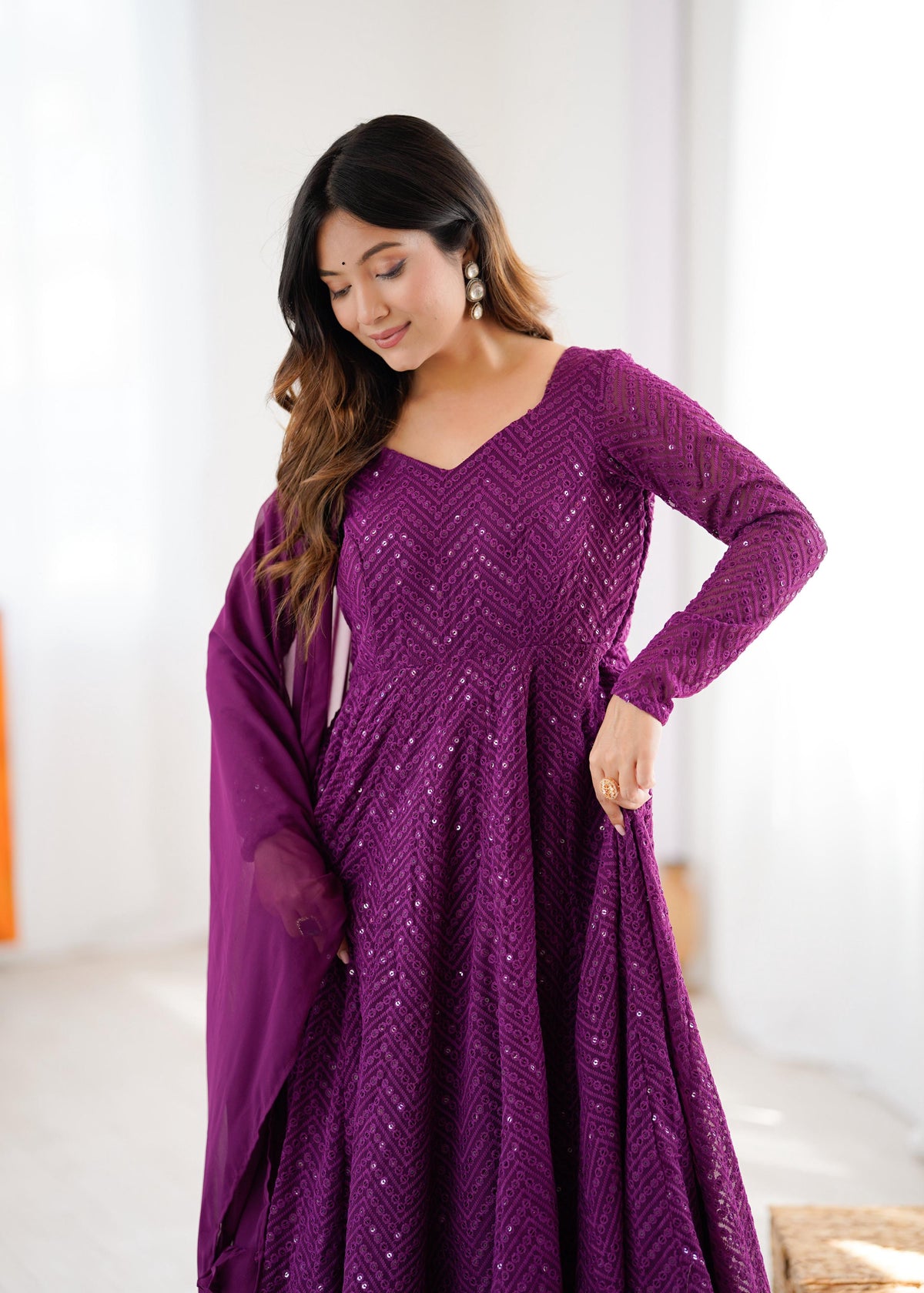 Evanik Wine Heavy Faux Georgette With Lucknowi Work Anarkali Suit | Grocsy