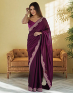Lorenvalley Fashion Wine Rangoli Silk with Coding Lace Work Saree with Blouse | Grocsy