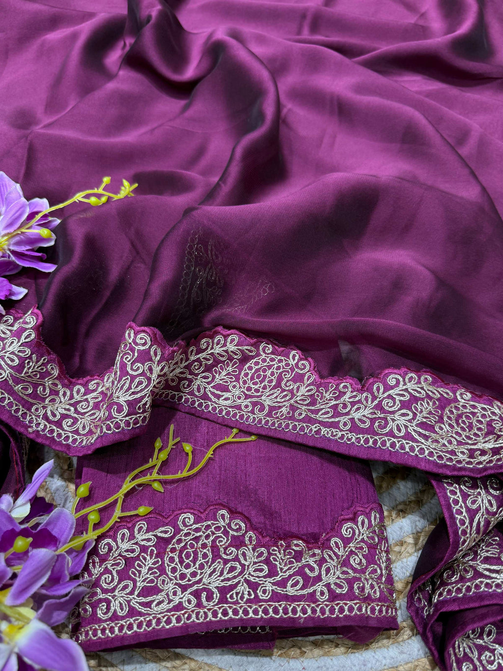 Lorenvalley Fashion Wine Rangoli Silk with Coding Lace Work Saree with Blouse | Grocsy