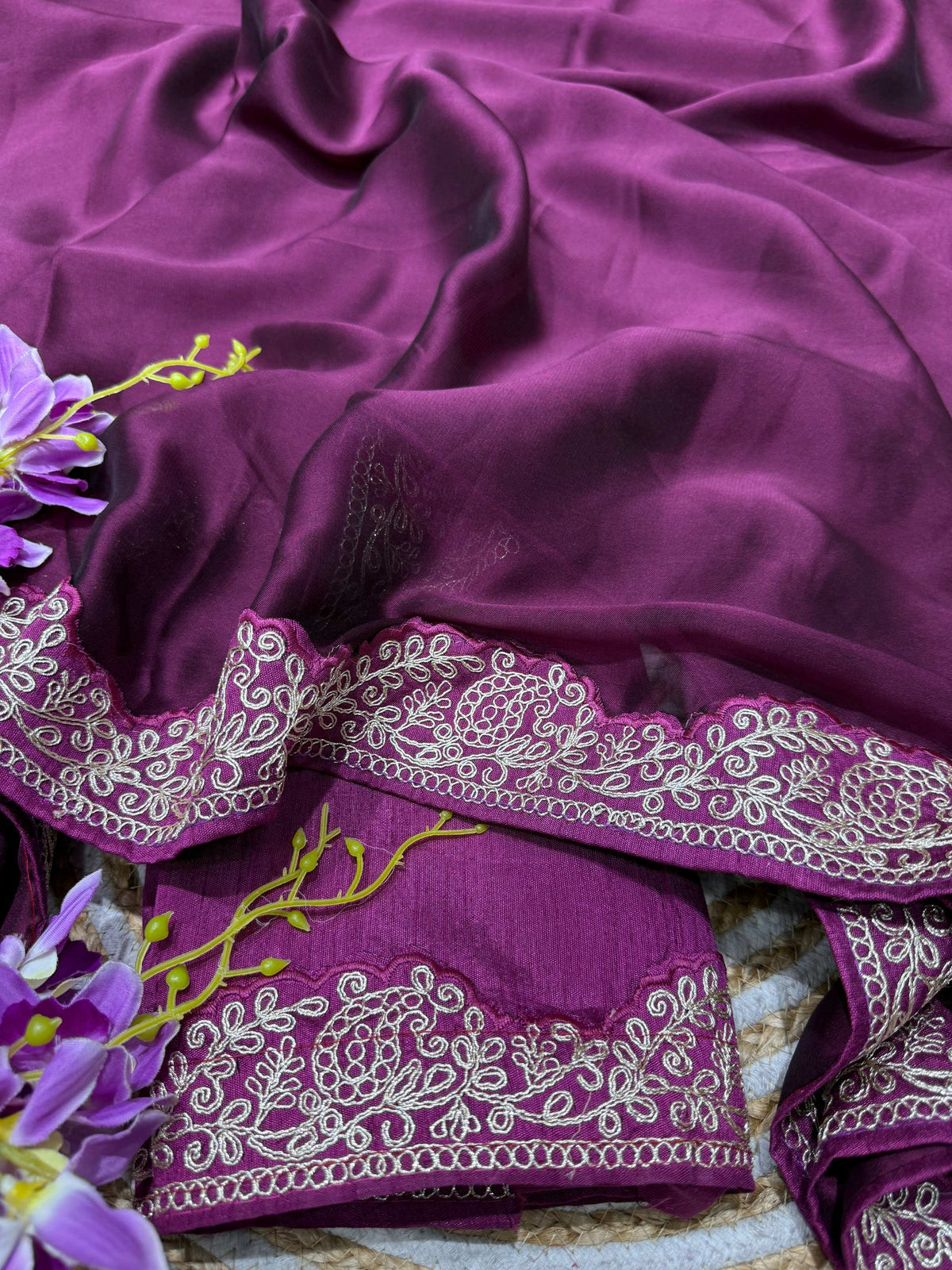 Lorenvalley Fashion Wine Rangoli Silk with Coding Lace Work Saree with Blouse | Grocsy