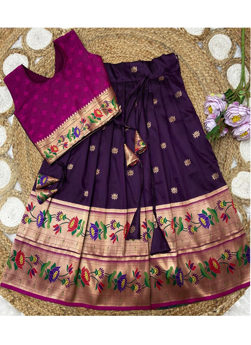 Evanik Purple Kids Paithani Silk Lotus Pattern Lehenga Choli | Grocsy