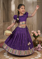 Evanik Purple Soft Silk Paithani Design Zari Weaving Pavadai Lehenga Choli For Kids | Grocsy