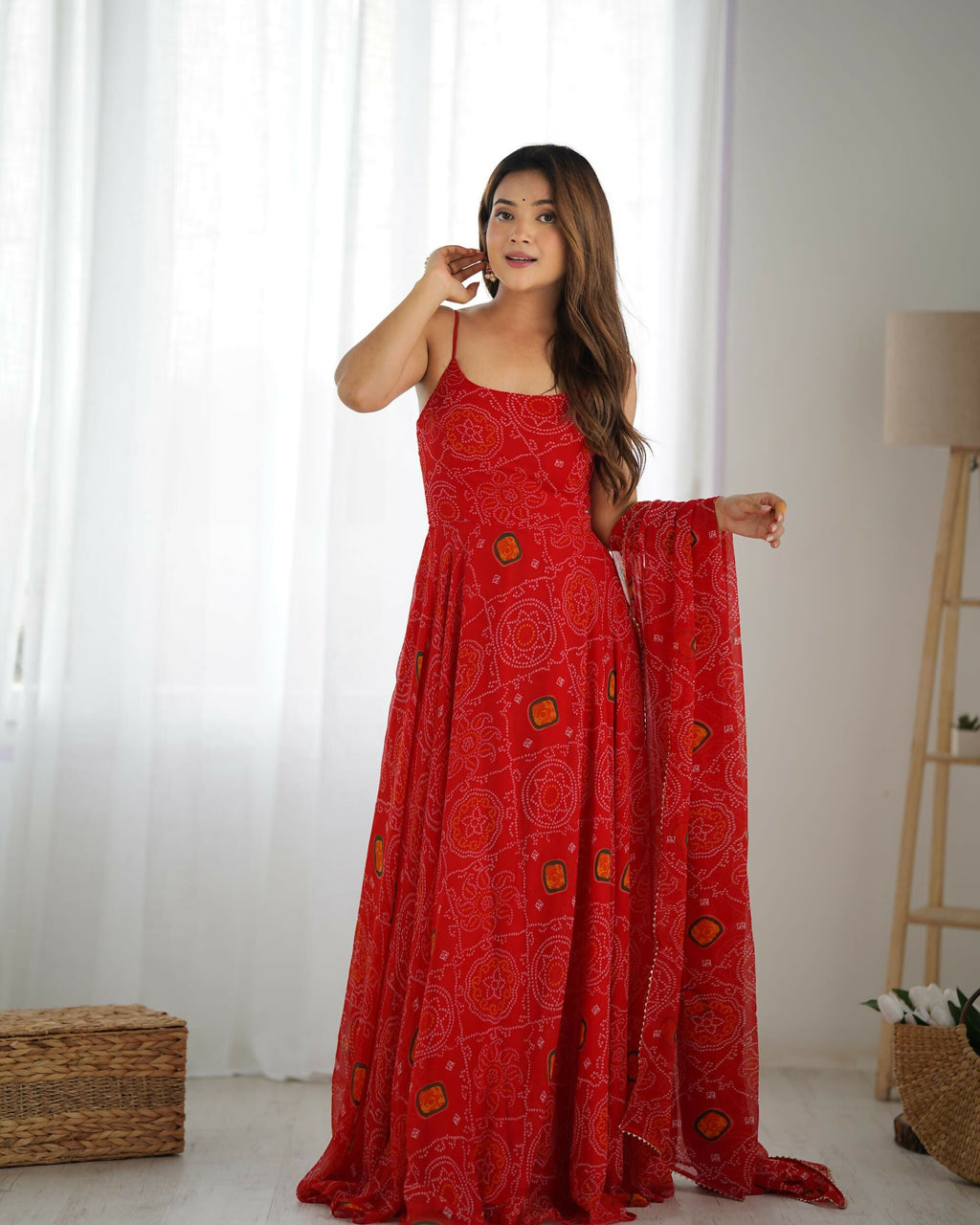 The52 Women's Beautiful Printed Chiffon Bandhej Fabric Flared Anarkali Pant and Dupatta Set | Grocsy