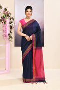 Piyari Fashion Women's Navy Blue Embellished Cotton Blend Jamdani Saree | Grocsy