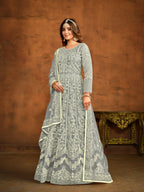 Anaita Grey Embroidered Net Anarkali Suit | Grocsy
