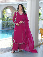 Nikhaar Magenta Embroidered Modal Silk Stitched Straight Cut Kurta Culottes Dupatta Readymade Suit | Grocsy