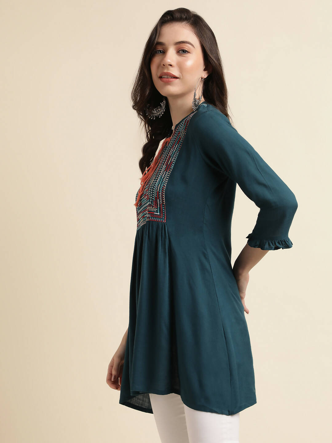 Teal Rayon Yoke Embroidered A-line Top - Tarini | Grocsy
