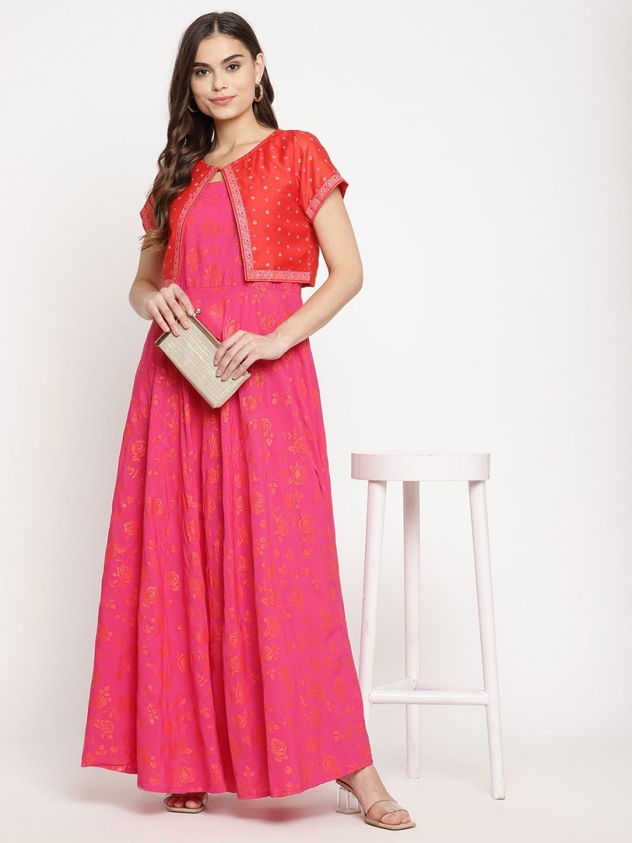 Ahalyaa Pink Crepe Orange khari Print Kurta with Jacket | Grocsy