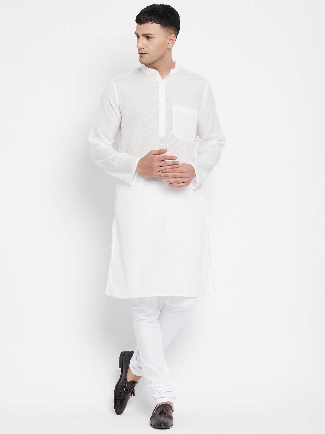 Even Apparels Pure Cotton Men's Kurta With Band Collar in White Color | Grocsy
