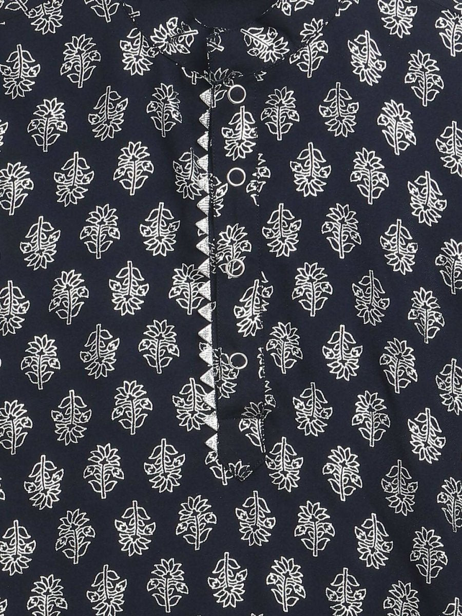 Ahalyaa Navy Blue Poly Rayon Silver Foil Print Kids Kurta Churidar Set For Boys | Grocsy