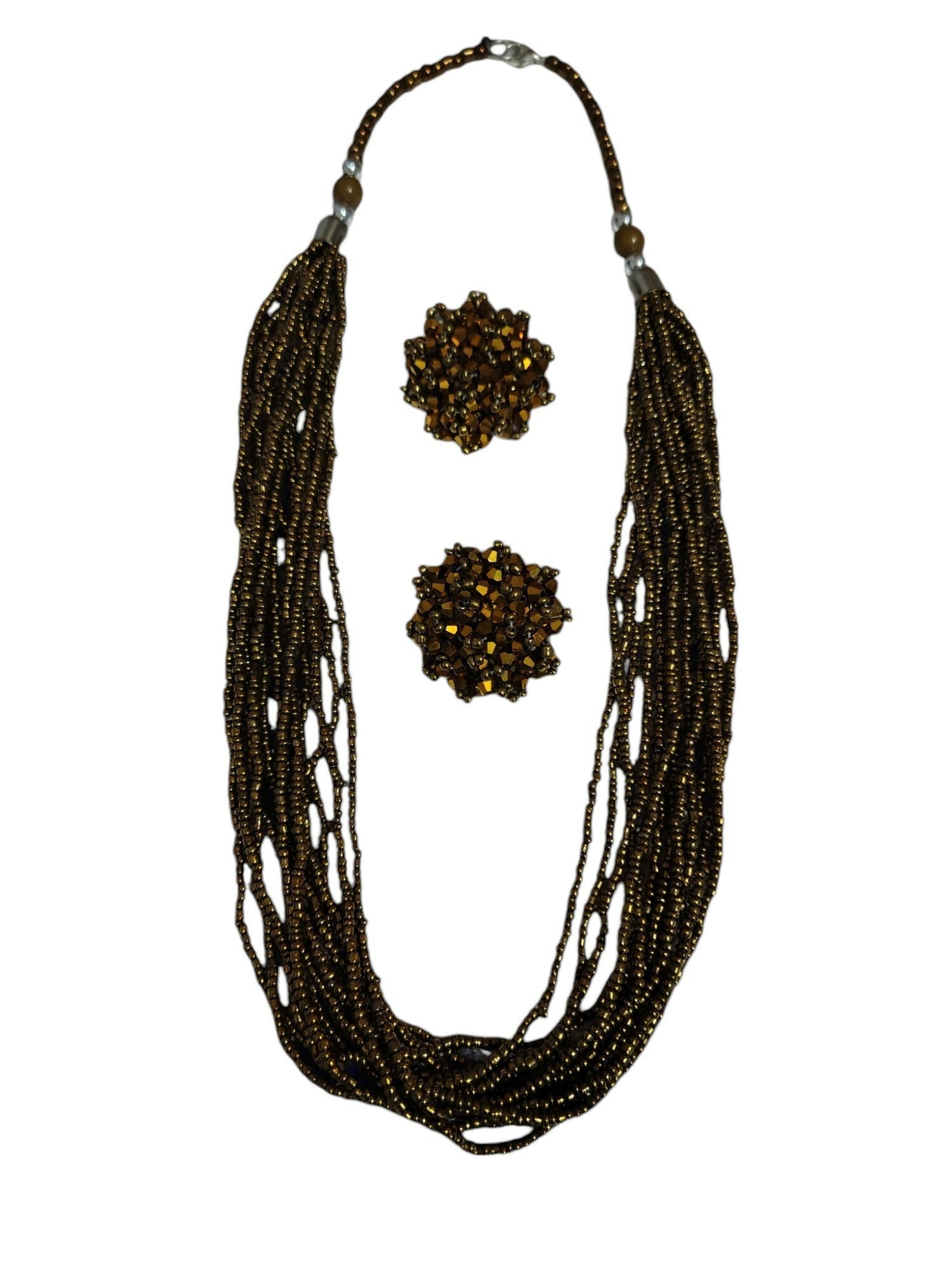 Inhanns Bloom Handmade Beaded Necklace With Earrings - 12 Layers - Golden Necklace Set | Grocsy