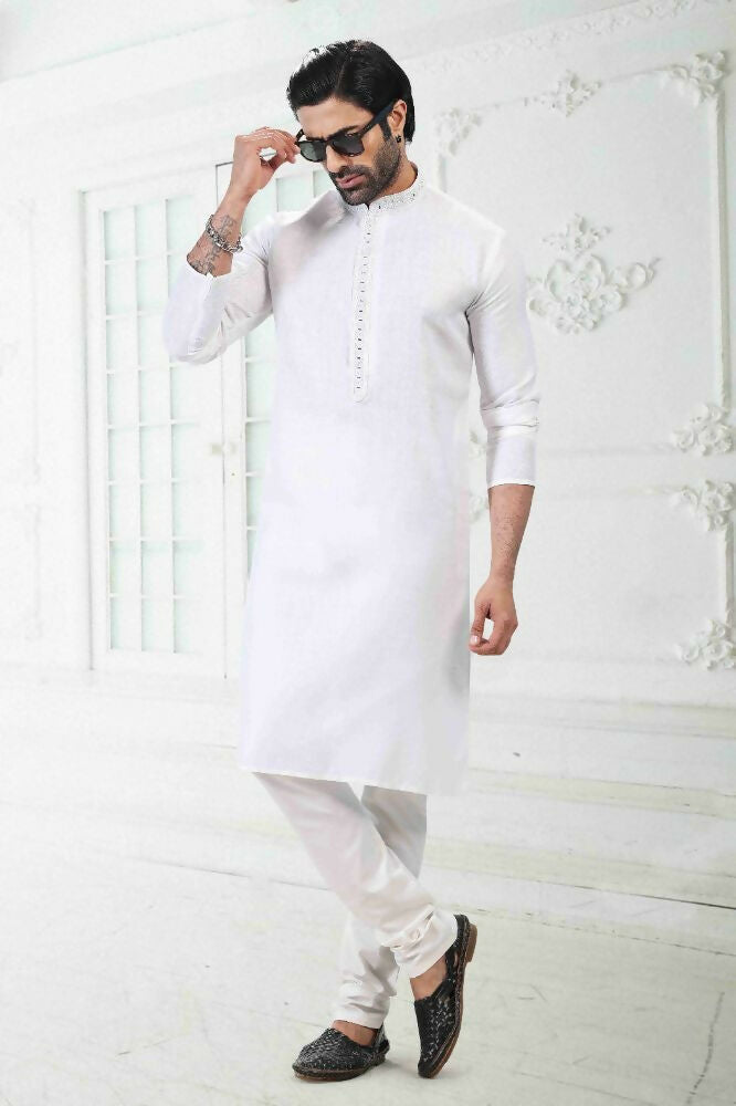 Raivat Ethnic Linen Cotton Thread Work Kurta Pajama In Off White Colour | Grocsy