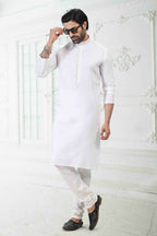 Raivat Ethnic Linen Cotton Thread Work Kurta Pajama In Off White Colour | Grocsy