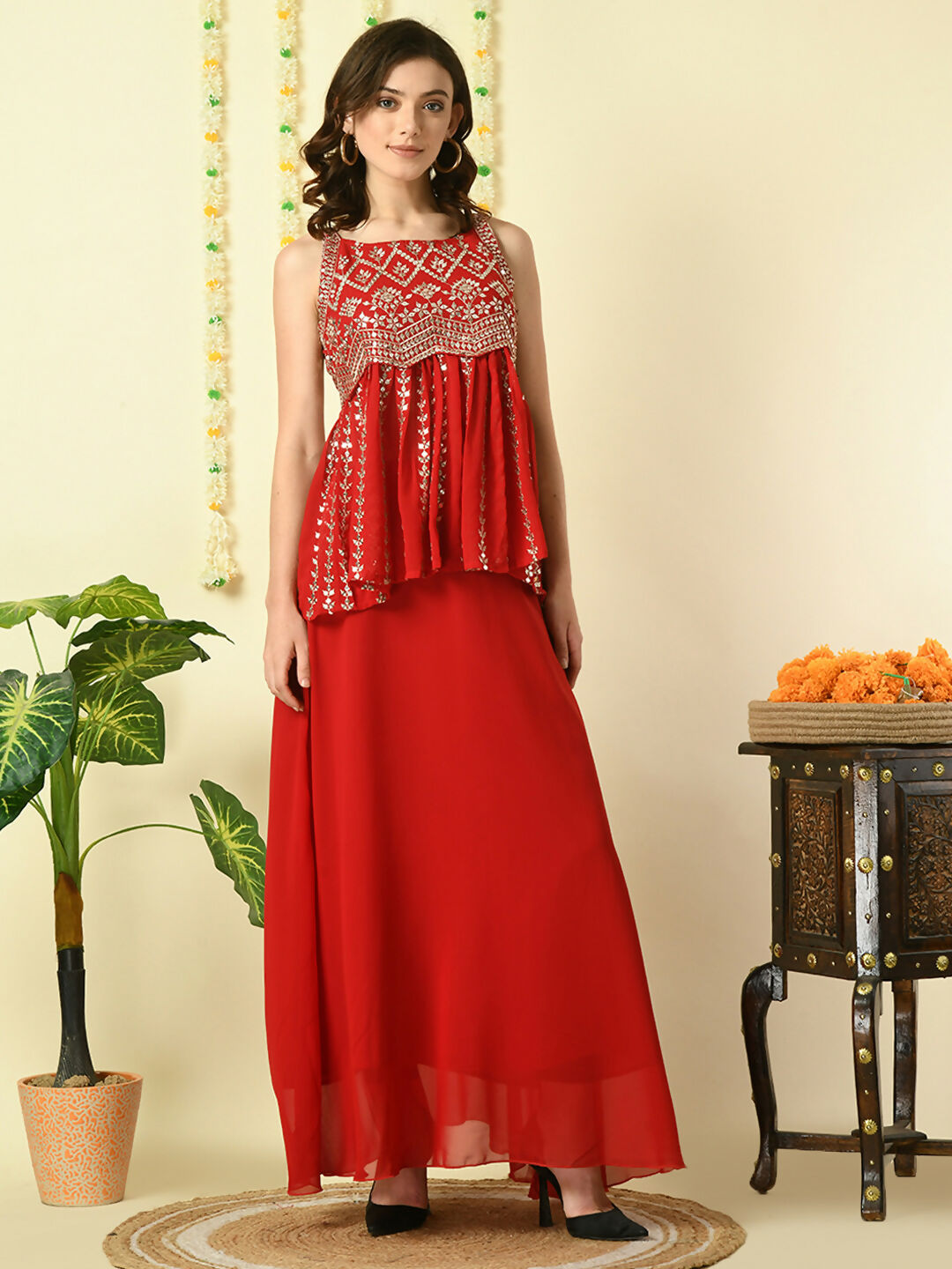 Myshka Women's Red Georgette Top With Skirt Party Sets | Grocsy