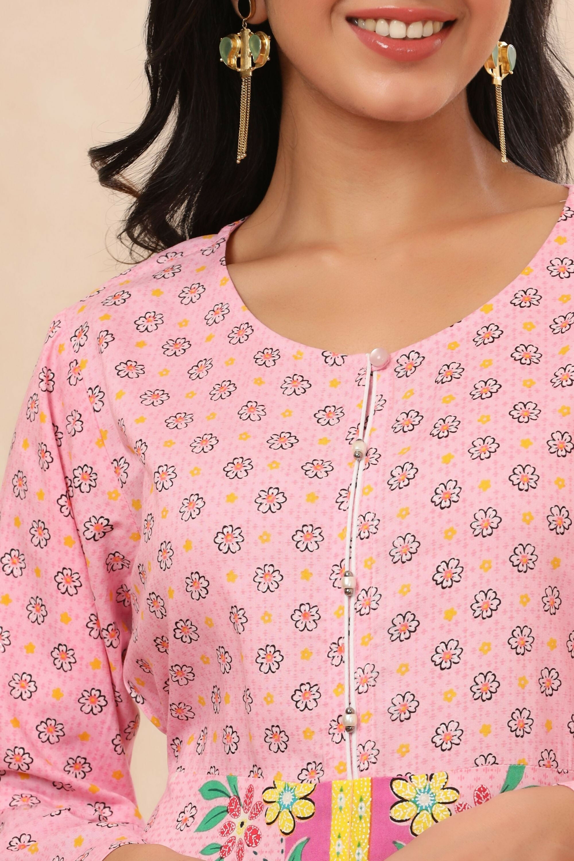 Juniper Pink Floral Printed Rayon Kurta With Buttons Closure At Back | Grocsy