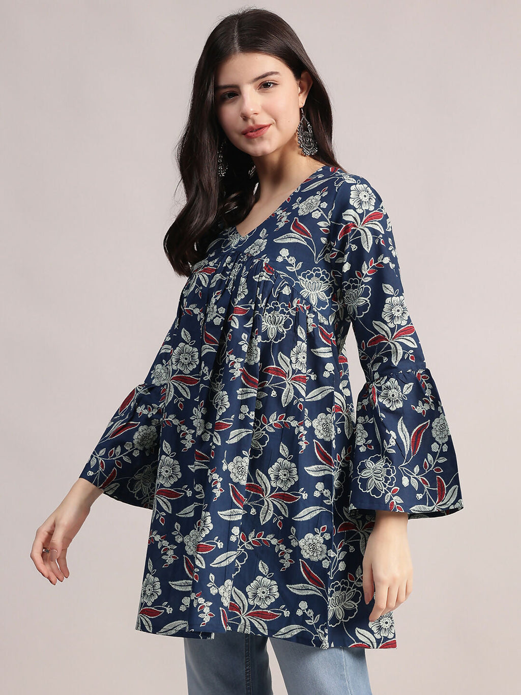 Aavyora Women's Navy Blue Cotton Tunic with Red and White Floral Print, Pin-Tuck Detailing, and Flared Sleeves | Grocsy