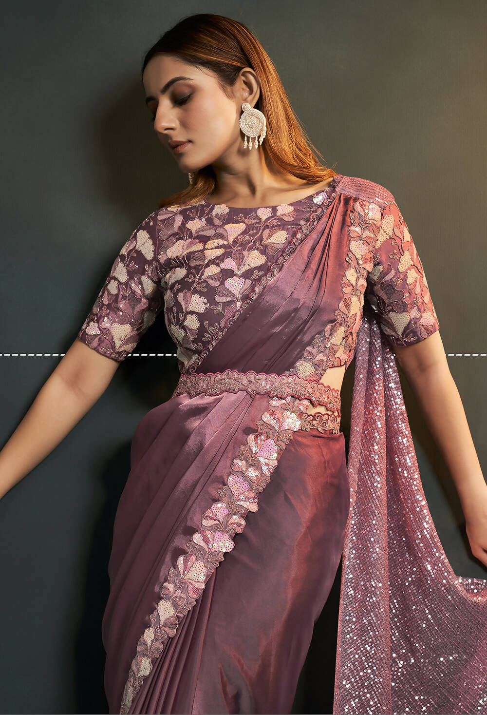Dusty Pink Silk Satin Crepe Cord Sequence & Thread Embroidered & Moti Work Saree - Moh-Manthan Royal Enigma | Grocsy