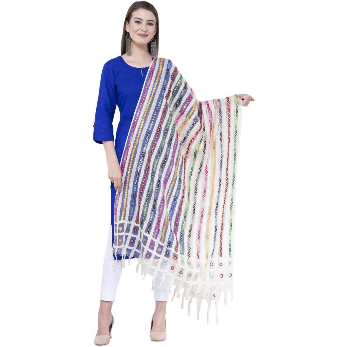 A R Silk Women's Multi Thread Work Orgenza Cotton White Dupattas and Chunnis | Grocsy