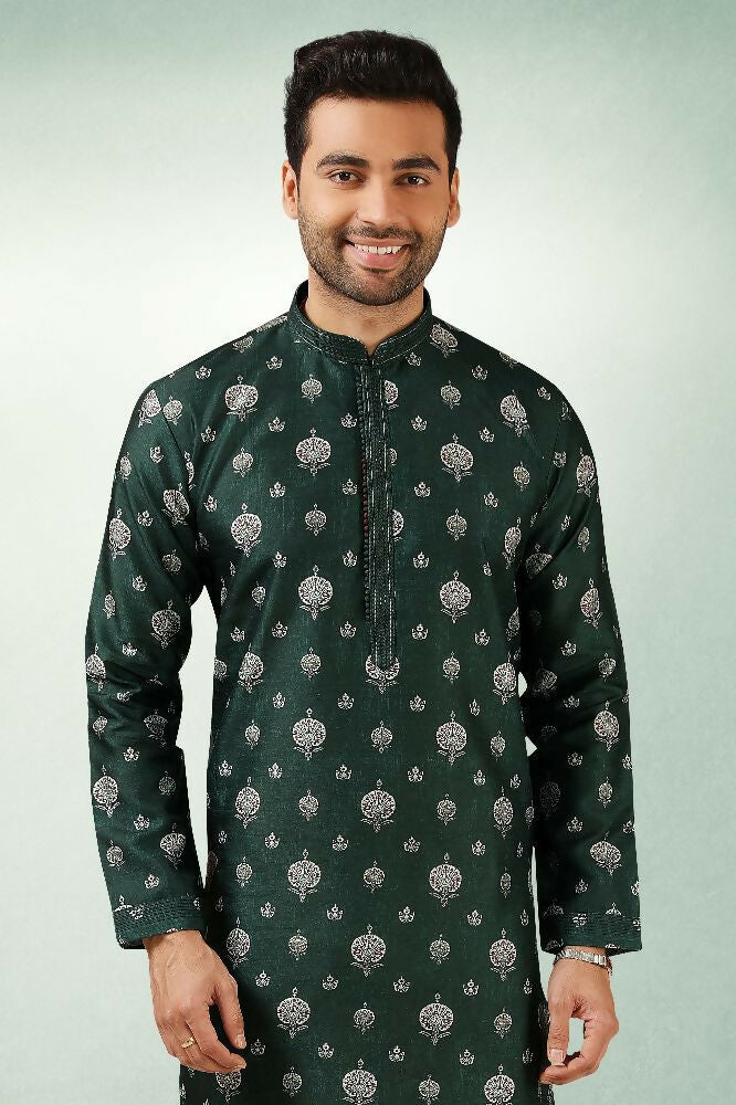 Raivat Ethnic Art Silk Printed Work Kurta Pajama In Green Colour | Grocsy