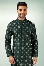 Raivat Ethnic Art Silk Printed Work Kurta Pajama In Green Colour | Grocsy