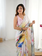Multi Chinon Designer Digital Printed,Mirror Cut Work Saree - Elayna | Grocsy
