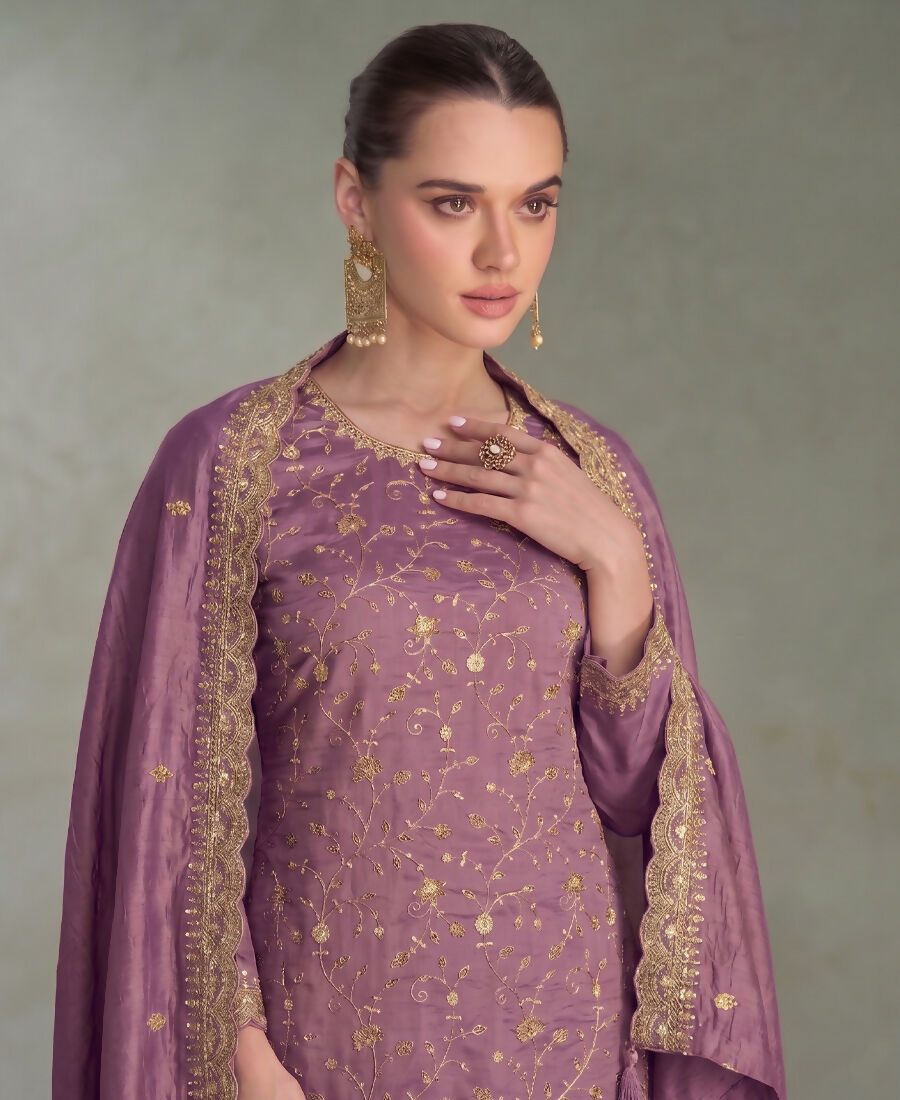 KC Lilac Silk Straight Suit For Women Heavy Embroidery Work | Grocsy