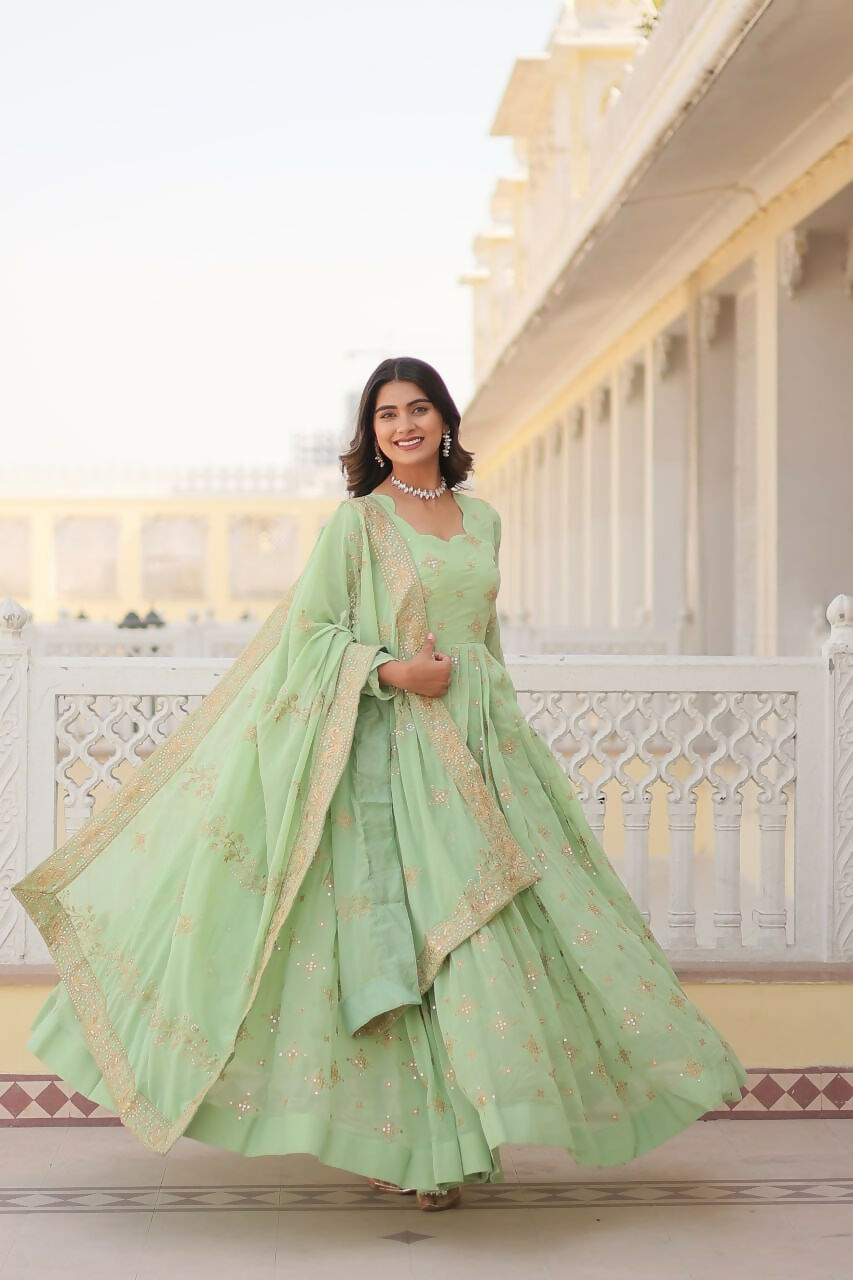 Vastranavya Faux Georgette with Zari & Sequins Embroidery Work Gown with Dupatta - Turquoise | Grocsy