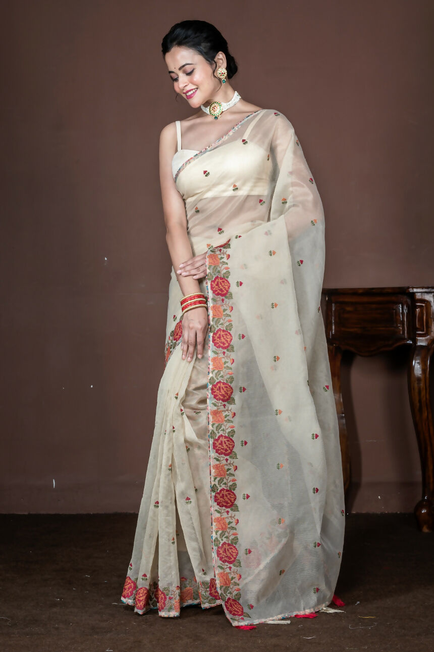 Morchari Beige Supernet Cross Embroidery Saree Unstitched Blouse | Grocsy