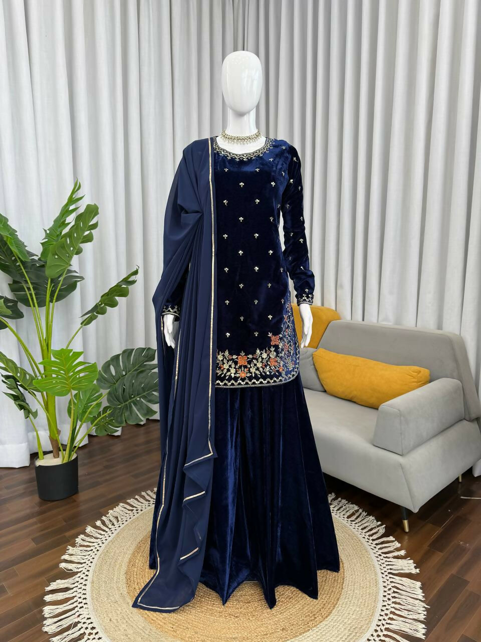 Vastranavya Blue Viscose Velvet Thread Sequence Work Kurta & Palazzo With Dupatta | Grocsy