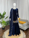 Vastranavya Blue Viscose Velvet Thread Sequence Work Kurta & Palazzo With Dupatta | Grocsy
