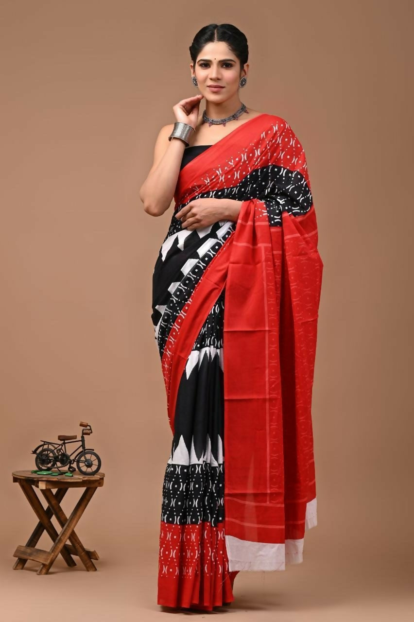 Exclusive Collection Black Red White Beautiful Mulmul Cotton Saree | Grocsy