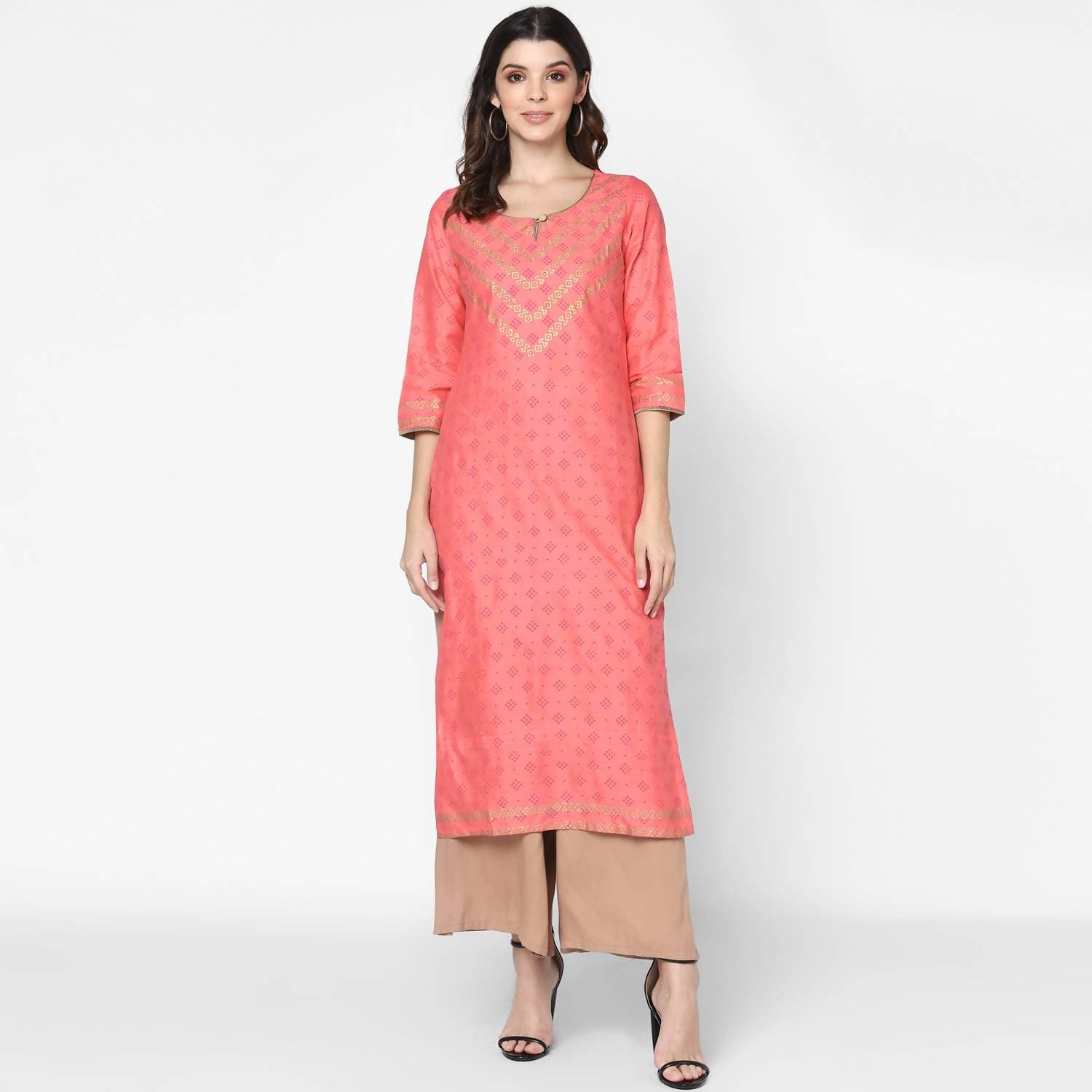 Cheera Hand Block Print Pitch & Skin Color Straight Kurta With Palazzo (MAAI-072K) | Grocsy