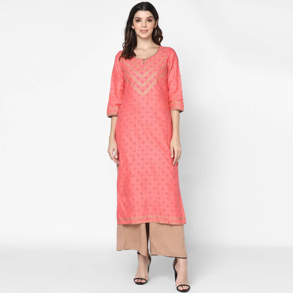 Cheera Hand Block Print Pitch & Skin Color Straight Kurta With Palazzo (MAAI-072K) | Grocsy